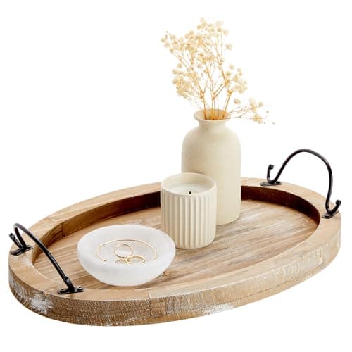 Farmlyn Creek Serving Tray for Coffee Table Decor - 15.8" x 10.8" x 1.3", Oval, Wood Color, Rustic - Decorative Wooden Tray with Handles - Farmhouse Table Decor