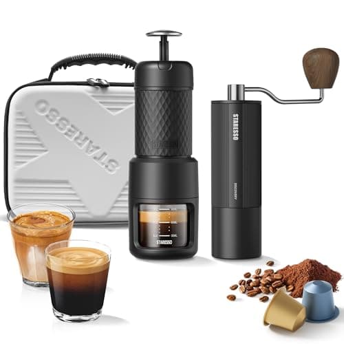 STARESSO Portable Espresso Maker & Coffee Bean Grinder Set with Carrying Bag, Manual Travel Coffee Maker + Burr Coffee Grinder, Waterproof Easy-Carry, Perfect for Travel Camping Hiking On-The-Go