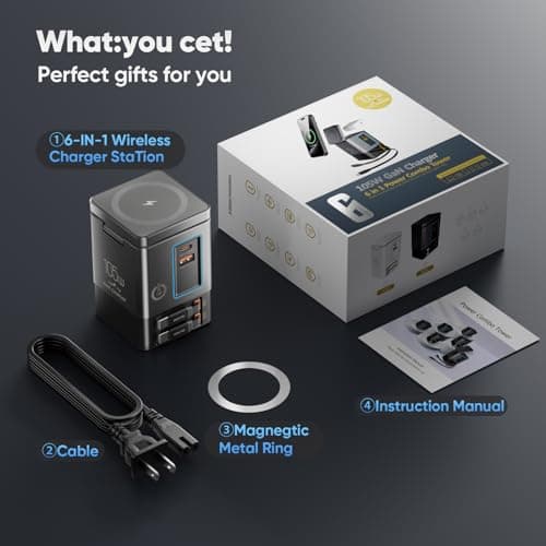 6-in-1 Charging Station for Apple 105W, Magnetic Wireless Charger with 65W Retractable Cable, Wireless Charger Stand, Fast Charging Stand Dock for MagSafe, iPhone17-13 Series, AirPods, Laptops 8