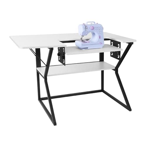 Vividwood Sewing Table, Large Sewing Machine Table with Adjustable Platform and Storage Shelf - White
