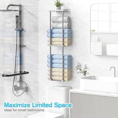 Liuoud Towel Rack Storage for Bathroom, Wall Mounted Vertical Rolled Towel Organizer Holder with Shelf, Holds Up 6 Large Bath Sheets, Silver Grey 6