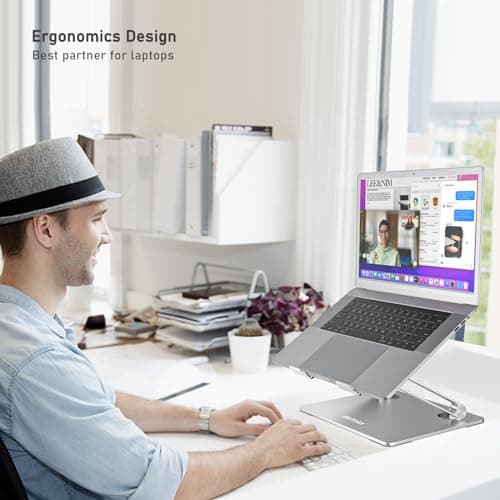 BoYata Laptop Stand, Adjustable Laptop Riser with Slide-Proof Silicone and Protective Hooks, Aluminum Notebook Stand for Laptop up to 15 Inches, Laptop Holder Compatible for MacBook (Silver-2) 5