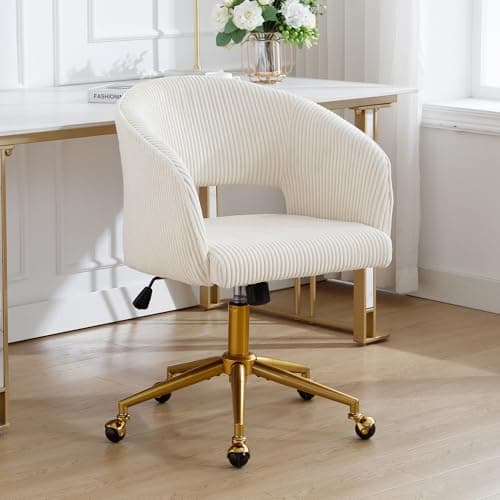 ABET Desk Chair with Wheels, Corduroy Home Office Chair, Swivel Armchair Gold Base, Upholstered Modern Accent Chairs, Back Incline Adjustable for Living Room Bedroom Vanity, Beige