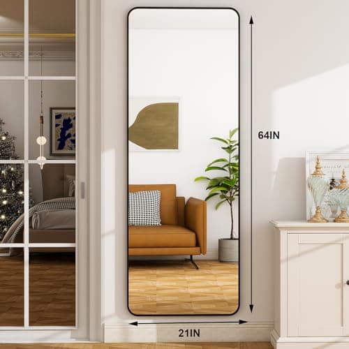 HARRITPURE 21" x64“ Rounded Full Length Mirror Aluminum Frame Black Mirror Full Length Floor Mirror with Stand for Living Room Bedroom Cloakroom 5
