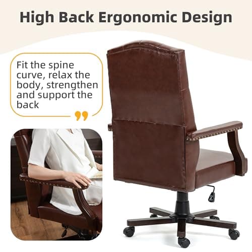 ECOTOUGE High Back Computer Chair with Upholstered Backrest Vinage Farmhouse Retro Style, Faux Leather Wing Back Swivel Seating for Boss Home, Brown 5