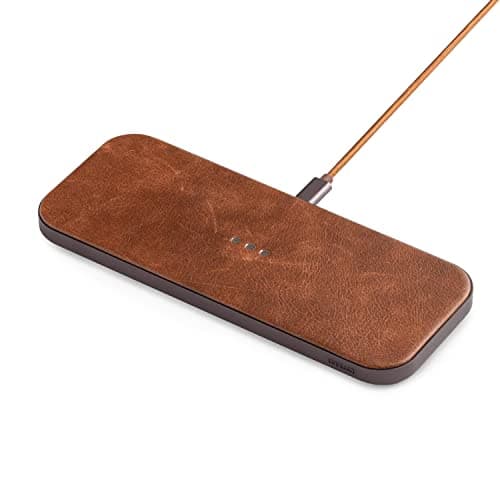 Courant Catch:2 Classics - Italian Leather Dual Wireless Charging Pad - Compatible with iPhone 11, X, SE, Galaxy S23, S22, S21, S20, Note, AirPods, AirPods Pro (Saddle)
