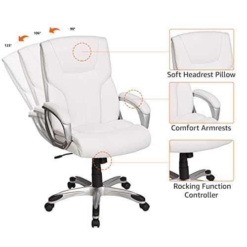 Amazon Basics Executive High Back Office Desk Chair, Adjustable Height, Tilt, Swivel, 275lb Capacity, Bonded Leather, White/Pewter 5