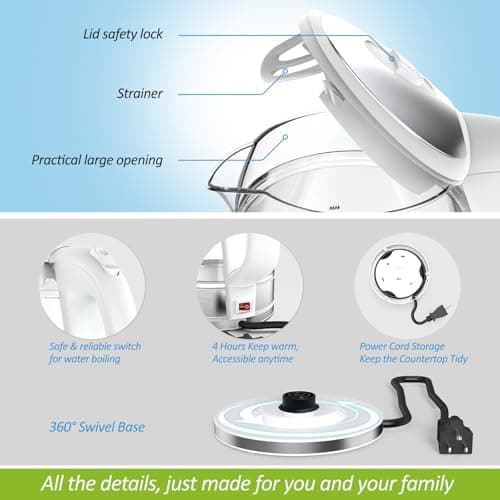NISVITU Glass & Stainless Steel Cordless Electric kettle for boiling water, Hot water boiler Electric Tea Kettle automatic shut off Boil-Dry Protection, PC Outer + Glass Inner, 1500W, 1.7L, WH 6