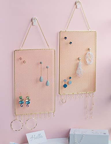 Heesch 2 Pack Earring Holder Wall Mounted Hanging Jewelry Organizer Display Decorative Metal Diamond Shape with Hooks for Necklaces Bracelets (Gold) 9