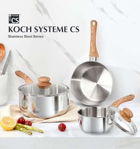 KOCH SYSTEME CS Stainless Steel Saucepan Set, 6 Piece Stainless Steel Pot 1QT & 2QT & 3QT with Heat-resistant Bakelite Handle, Tri-ply Base Pots, Sauce Pan Induction Ready, Pot Set 6PCS 7