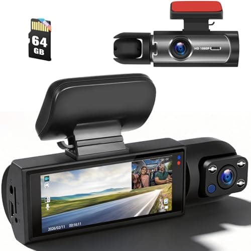 Front and Inside Dual Dash Cam for Cars with 64GB Card, 3.16 inch IPS Screen 1080P Dash Camera for Cars Infrared Night Vision,Loop Recording,G-Sensor,24H Park Monitor,Wide Angle Inside Car Camera
