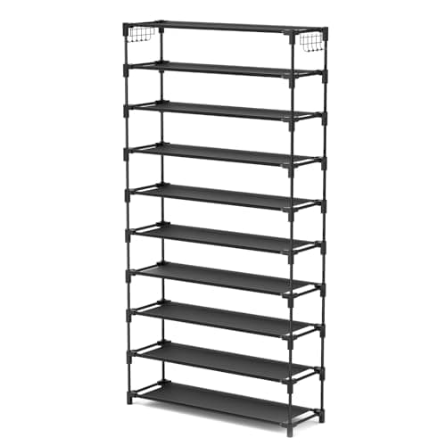 LANTEFUL 10 Tiers Shoe Rack 50 Pairs Large Capacity Tall Shoe Organizer Sturdy Shoe Storage with Two Hooks Space Saving Metal Wide Shoe Rack for Closet, Entryway, Bedroom, Black 8