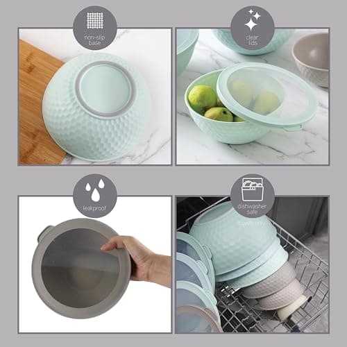 COOK WITH COLOR Mixing Bowls with Lids - 12 Piece Plastic Nesting Bowls Set includes 6 Prep Bowls and 6 Lids, Microwave Safe Mixing Bowl Set, Mint Embossed 7