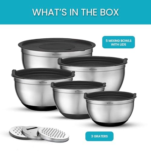 Belwares Mixing Bowls with Airtight Lids - 8PCS Stainless Steel Nesting Mixing Bowls Set Non-Slip with 3 Grater Attachments, Kitchen Bowls, Sizes 5, 4, 3.5, 2, 1.5QT for Baking & Food Prep (Black) 3