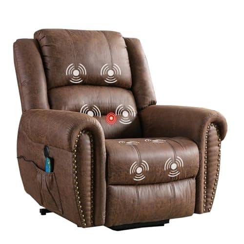 Phoenix Home Large Power Lift Recliner Chairs with Massage and Heat for Elderly, Heavy Duty Electric Faux Leather Reclining Chairs with USB Port and 2 Side Pockets, Brown 7