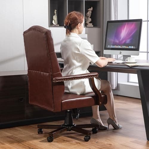 ECOTOUGE High Back Computer Chair with Upholstered Backrest Vinage Farmhouse Retro Style, Faux Leather Wing Back Swivel Seating for Boss Home, Brown