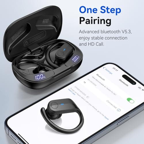 Wireless Earbuds Bluetooth Headphones 75Hrs Playtime Sport Earbuds Noise Cancellation HiFi Stereo Sound with LED Dispaly, IPX7 Waterproof Bluetooth Ear buds with Earhooks for Running Gym Jet Black 5