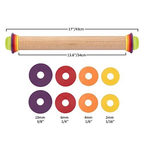 Mepple Rolling Pin with Thickness Rings for Baking,Fondant, Pizza, Pie Crust, Cookie, Pastry, Roller Rod for Dough Thickness, 13.6" Adjustable Wooden Rolling Pin with 4 Thickness Rings 7