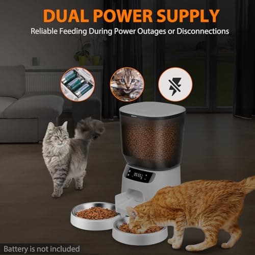 Automatic Cat Feeders for Two Cats, 5L/20 Cups Double Automatic Cat Food Dispenser with 2 Stainless Bowls, Timer Setting 20 Portions 6 Meals Per Day, 10s Meal Call, Pet Feeder for Dog 5
