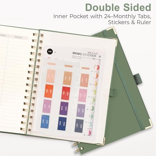 RETTACY Undated Planner, Weekly and Monthly, 53 Weeks and 12 Months, Medium Size (5.7" x 8.3"), 24 Self-adhesive Monthly Tabs, Hardcover, 100 GSM Thick Paper, Spiral-bound (Light Green) 5