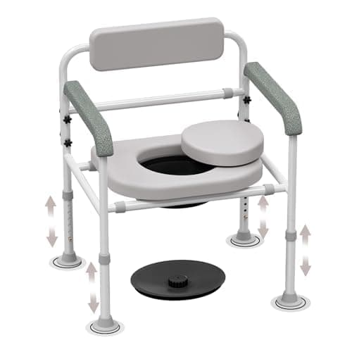 Adjustable Medical Bedside Commode Chair with Padded Backrest, Drop Arm Support, Height Adjustable