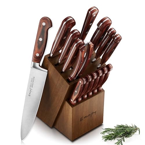 Knife Set, 15-pcs Emojoy Kitchen Knife Set with Block, Premium Kitchen Knives with Heavy Poultry Shears, Sharpener and 6pcs Serrated Steak Knives