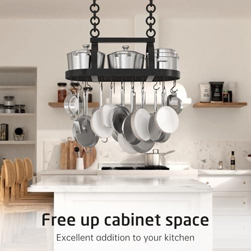 KES Ceiling Pot Rack 34-Inch Hanging Pot Rack for Kitchen Oval Pot and Pan Rack Matte Black Pot Hanger with 20 S Hooks (For 16" and 24" Joist), KUR221S85-BK 5