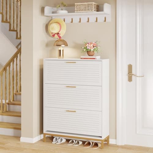 Tribesigns Modern Shoe Storage Cabinet with Wall Mount Coat Rack, Entryway Shoe Organizer Cabinet with 3 Flip Drawers, Narrow Shoe Cabinet for Hallway Living Room (White/Gold)