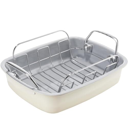 KITESSENSU Nonstick Turkey Roasting Pan with Rack 17 x 14 inch - Large Chicken Roaster Pan for Oven - Wider Handles & Heavy Duty Construction - Suitable for 24lb Turkey, Cream