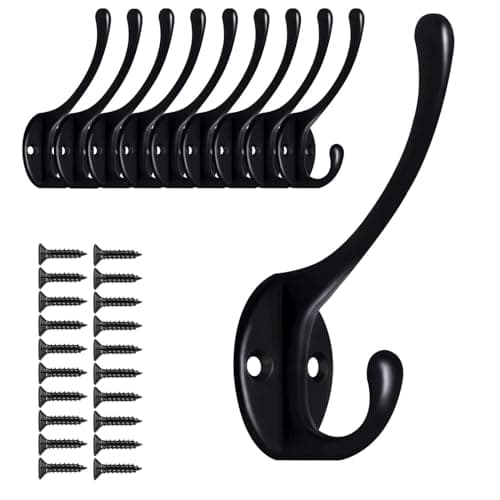 BRCRXW Wall Hooks for Hanging, 10-Pcs Heavy Duty Metal Coat Hooks, for Living Room, Bathroom, Kitchen, Bedroom for Coata, Towel, Hat, Key, Closet, Bag (Black)