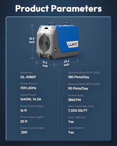 LUKO 180 Pint Commercial Dehumidifier with Pump & Drain, Rotational Molded Portable Industrial Dehumidifier for Basement and Spaces up to 7500 sq ft 6