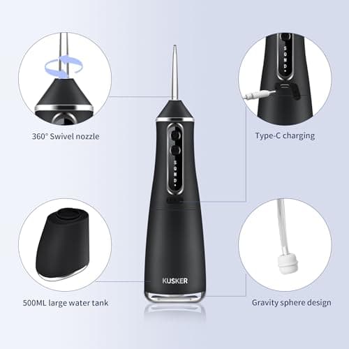 Water Dental Flosser Cordless, KUSKER 500ML Portable Oral Irrigator for Teeth, 5 Modes and 4 Jet Tips, IPX7 Waterproof, Rechargeable for 30-Days Use, Home, Travel, Braces(Black) 5