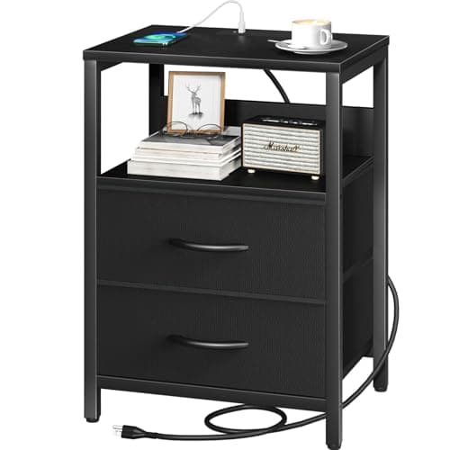 Yoobure Nightstand with Charging Station, Small Night Stand with Fabric Drawers and Storage Shelf for Bedrooms, Nightstands for Small Spaces, Bedside Table with USB Ports & Outlets Bed Side Table