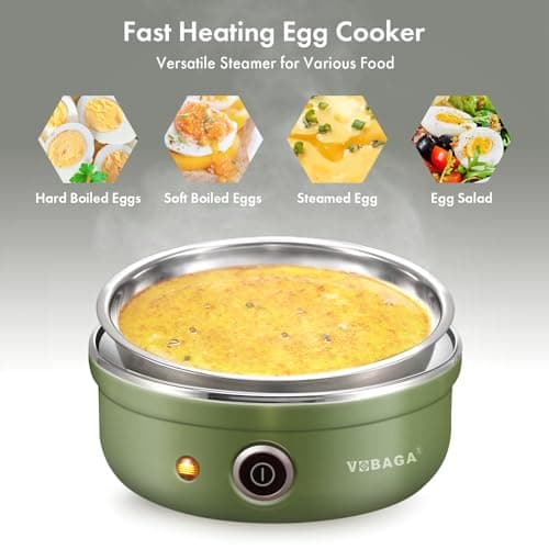 VOBAGA Electric Egg Cooker, Rapid Egg Boiler with Auto Shut Off for Soft, Medium, Hard Boiled, Poached, Steamed Eggs, Vegetables and Dumplings, Stainless Steel Tray with 7-Egg Capacity (Green) 5