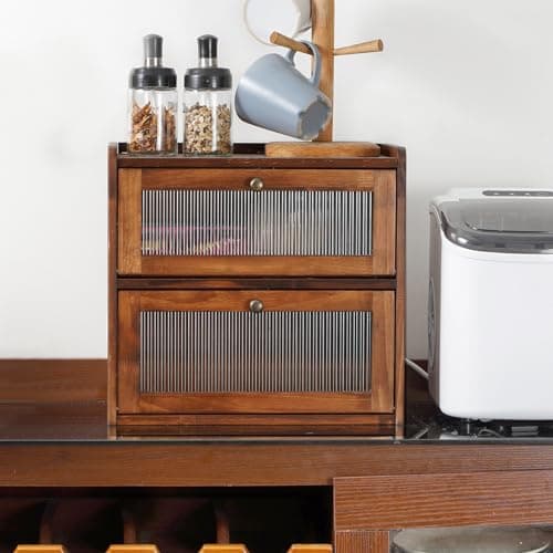 Sunhoo Bread Box for Kitchen Countertop Wooden Bread Storage Container Bin 2 Layer Breadbox Holder Large Capacity Keeper Vintage Farmhouse Food Organizer Pantry Shelf Acrylic Window (Brown) 8