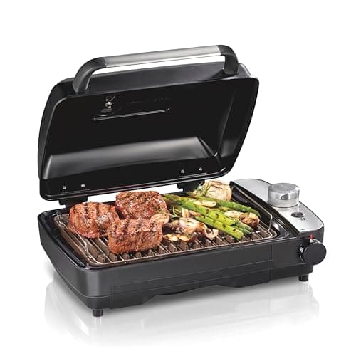 Hamilton Beach Electric Indoor Grill with Hot and Cold Smoke Infuser, 150°F - 450°F Temperature Control For Searing, Vented Hood and Fan, 116 Sq. In. Non-Stick Cooking Surface, Black (25375)
