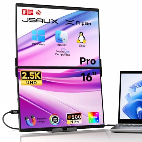 JSAUX FlipGo Pro 16" Dual Portable Monitors, 2.5K Triple Laptop Screen Extender, Portable IPS Dual-Screen Monitor for Laptop[for Windows/Linux/macOS] One Cable to Dual/Magnetic Design/DisplayLink