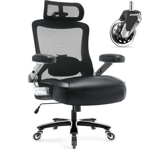 Big and Tall Office Chair 600lbs with 3D Flip Arms Adjustable Headrest - Heavy Duty Large Wheels Executive Computer Desk Chair, Ergonomic Lumbar Support Mesh High Back Plus Size Chair for Adults