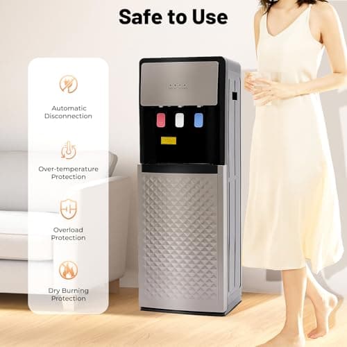MOQNISE Bottom Loading Water Cooler Dispenser 5 Gallon Bottle Hot Water Dispenser with 3 Temperatures Settings, Water Cooler for Home Office Use, Silver Grey 5