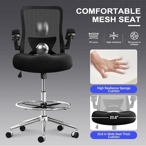 KWKSV 500 lbs Tall Drafting Chair for Standing Desk with Flip-up Armrests, Pressure Locking Casters, W-Shape Thicken Cushion, Breathable Mesh Extended Height Office Chairs (Black) 5