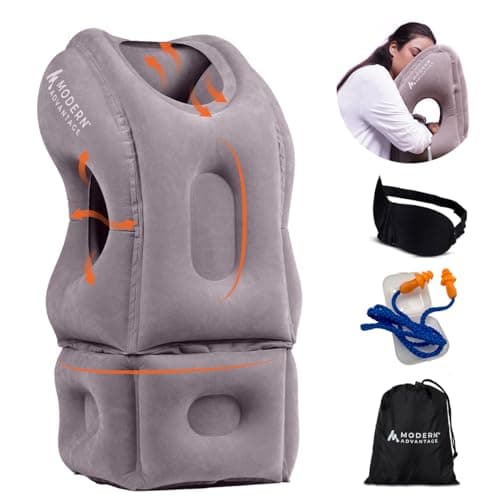 Modern Advantage Inflatable Travel Pillow with Adjustable Extra Bottom Support Neck Pillow for Chin & Head Stability Prevents Neck Pain Plane Pillow for Long Flight Travel - Eye Mask & Earplugs - Grey