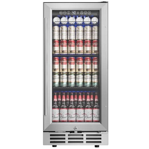 Icyglee 15'' Beverage Refrigerator Cooler - 126 Cans Under Counter Beverage Fridge with LED Light, Built-in Design, Wine Cooler for Home/Kitchen