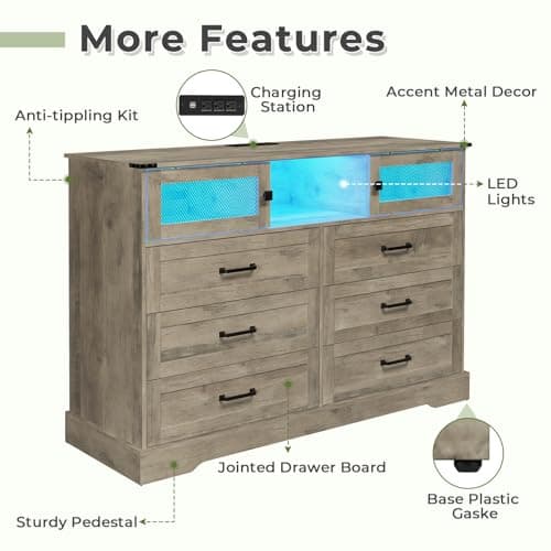 Hasuit 6 Drawer Dresser with LED Lights and Charging Station, Farmhouse Chest of Drawers Closet Organizer, Clothes Storage Cabinet Double Dressers for Bedroom, Living Room, Hallway, Rustic Oak 6