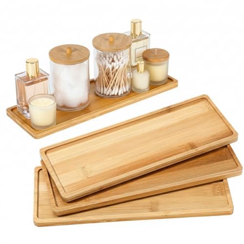 Chengu 3 Pcs Bamboo Vanity Trays for Bathroom Small Wooden Serving Tray for Bathroom Counter Food Appetizer Tea Dessert Kitchen Candle Tissue Toilet Tank Home Decor, 11 x 4 Inch(Rectangle Style)