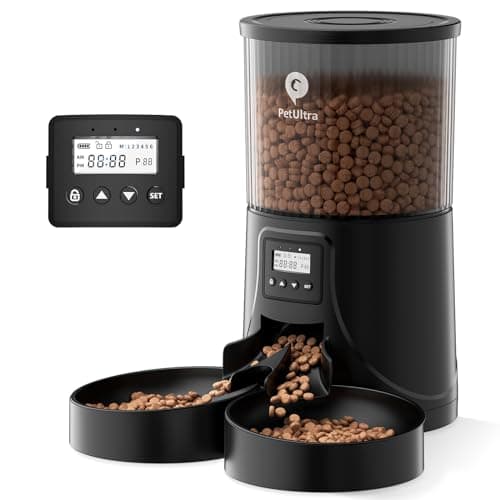 PETULTRA Dual Automatic Cat Feeder: Timed Auto Feeder 16 Cups/4L Cat Food Dispenser - Dual Power, 1-6 Meals, Black