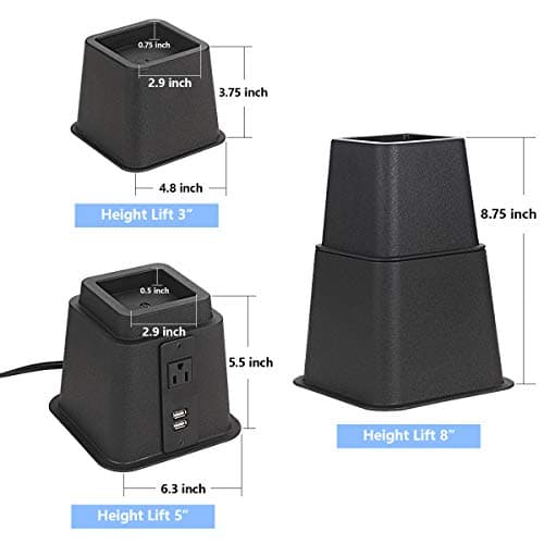 Butizone Bed Risers with Power Outlet and USB Ports, Adjustable Heavy Duty Furniture Riser Lifts in Heights of 3, 5 or 8 Inches for Sofa and Table, Supports up to 1,500 lbs Set of 4, Black 6