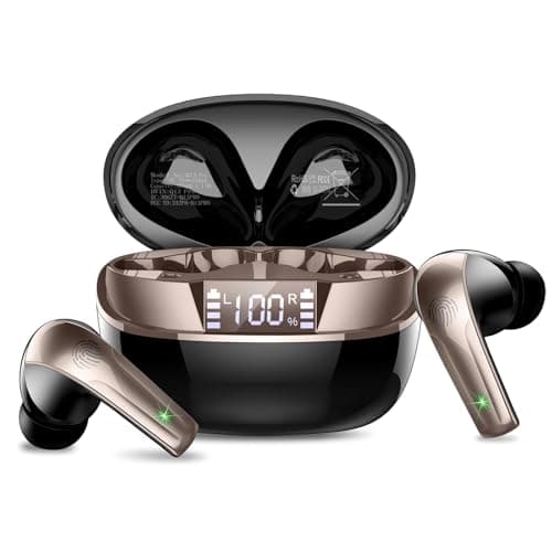 Wireless Earbuds, Bluetooth 5.4 Headphones in Ear, Mini Bluetooth Earbuds HiFi Stereo Deep Bass with 4 ENC Noise Cancelling Mic, Wireless Ear Buds 47H Long Playtime LED IP7 Waterproof USB-C Black Gold