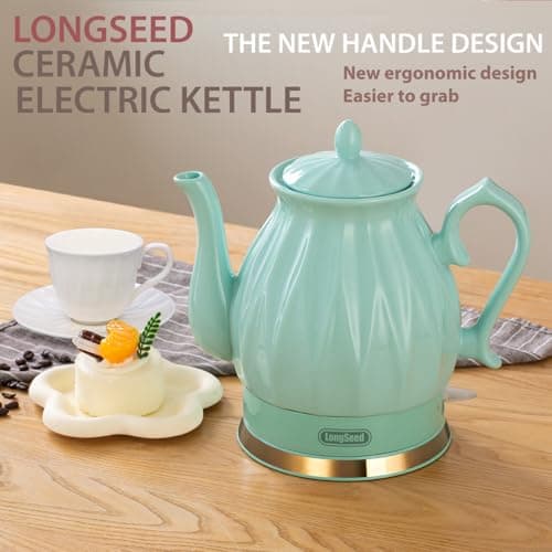 LONGSEED Ceramic Electric Kettle, 1.5L/1200W Boil Water Quickly and Easily with Boil-Dry Protection Auto Shut Off, Detachable Swivel Base, Diamond Cut Glazed 6