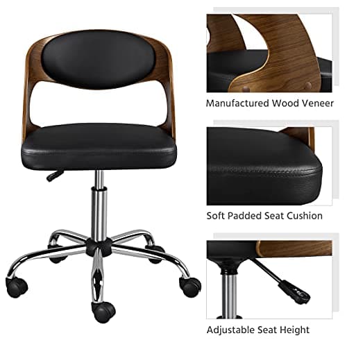 Yaheetech Adjustable Office Armless Desk Chair Walnut Wood Finish Height Adjustable Swivel Computer Desk Draft Chair with Leather Seat, Black 7