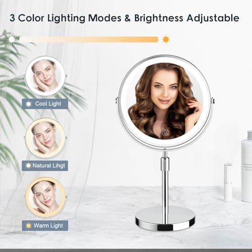 GioeDa Makeup Mirror with Lights, Height & Brightness Adjustable Lighted Makeup Mirror with 10x Magnification, 8" Rechargeable Double Sided Vanity Mirror with 3 Colors Lights 5